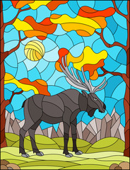 Illustration in stained glass style with wild moose on the background of autumn trees, mountains and sky