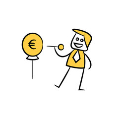 businessman using pin to puncture money balloon, yellow character doodle design