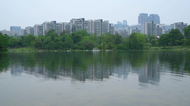 The surrounding architectural landscape of Jincheng Lake Park in Chengdu, Sichuan Province, China