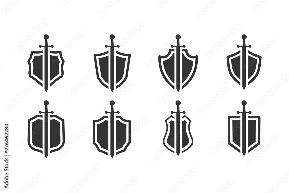 Poster shield icon set template black color editable. sword conception with shield symbol vector sign isolated on white background. Simple logo vector illustration for graphic and web design.