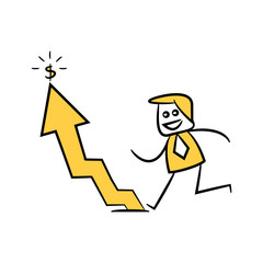 businessman and arrow chart and money on top, yellow character doodle design