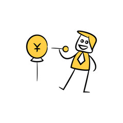 businessman using pin to puncture money balloon, yellow character doodle design