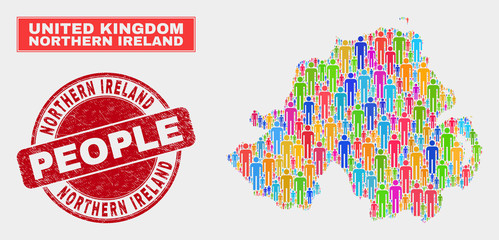 Demographic Northern Ireland map abstraction. People colorful mosaic Northern Ireland map of men, and red rounded corroded stamp. Vector collage for national audience presentation.