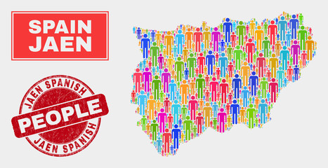 Demographic Jaen Spanish Province map illustration. People color mosaic Jaen Spanish Province map of men, and red round rubber stamp. Vector collage for population public representation.