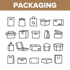 Packaging Types Vector Thin Line Icons Set. Packaging Boxes, Shopping Bags. Cardboard, Paper, Recyclable Containers Linear Pictograms. Pizza, Fast Food, Takeaway Packaging Contour Illustrations