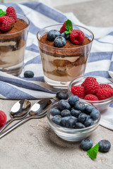 Classic tiramisu dessert with blueberries and raspberries in a glass cup on concrete background