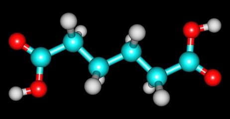 Adipic acid molecular structure isolated on black