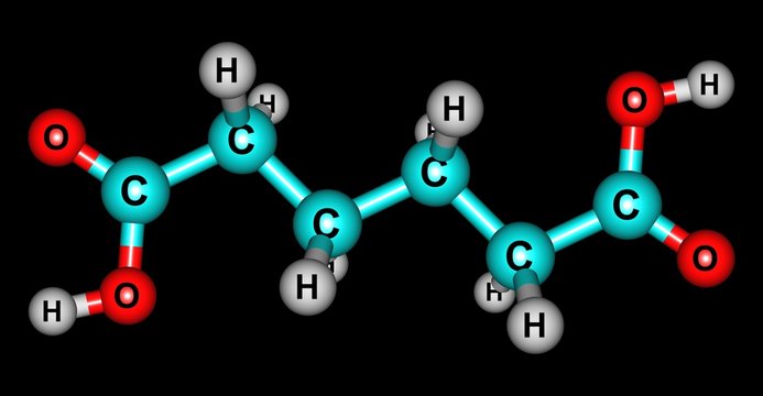 Adipic acid molecular structure isolated on black
