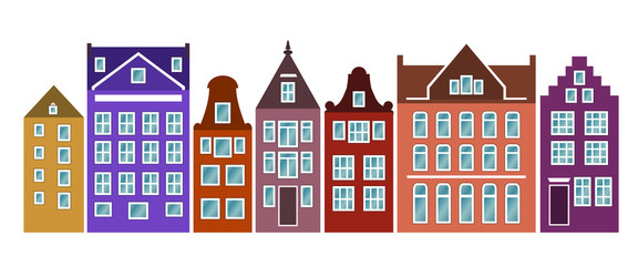 Set of Amsterdam style colored houses. Colorful of row typical dutch view at Netherlands. Stylized facades of old buildings. House skyline vector template. Background for card, banner. Urban landscape