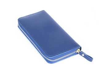 Closeup modern blue woman wallet fashion on white background