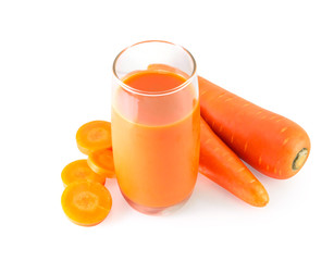 Closeup glass of fresh carrot juice isolated on white background, healthy diet food drink