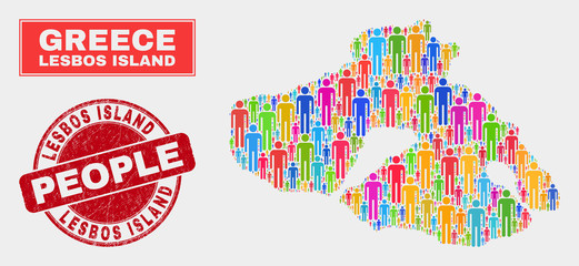 Demographic Lesbos Island map illustration. People bright mosaic Lesbos Island map of humans, and red rounded rubber seal. Vector collage for nation group report.