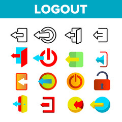 Logout Button Vector Thin Line Icons Set. Logout, Leaving User Account Linear Pictograms. Page Exit Navigation Button with Open Door, Switch Off and Arrows Signs Color Flat Illustrations