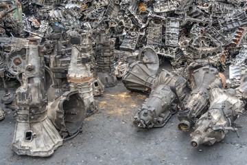 Aluminum engines and transmission parts for recycling. Scrap metal recycling
