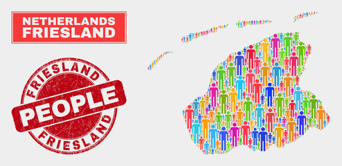 Demographic Friesland Province map abstraction. People color mosaic Friesland Province map of persons, and red rounded unclean stamp. Vector combination for national group representation.