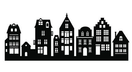 Laser cut Amsterdam style houses. Silhouette of row typical dutch canal houses at Netherlands. Stylized facade of old buildings. Wood carving, paper cut vector template. Background for banner, card.