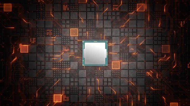 Abstract Motherboard circuit with CPU, microchips and electric signals 3d render