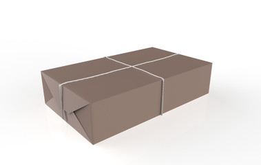 Gift box wrapped in craft paper with white thread isolated on white background. 3d illustration 