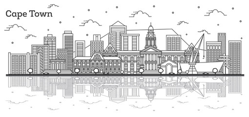 Obraz premium Outline Cape Town South Africa City Skyline with Modern Buildings and Reflections Isolated on White.