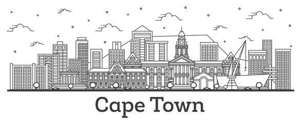 Outline Cape Town South Africa City Skyline with Modern Buildings Isolated on White.