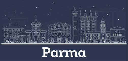 Outline Parma Italy City Skyline with White Buildings.