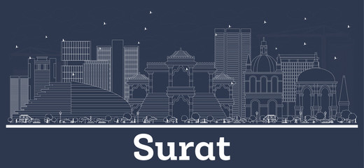 Outline Surat India City Skyline with White Buildings.