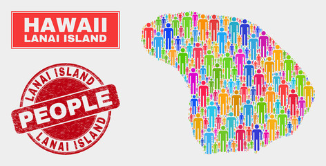 Demographic Lanai Island map illustration. People color mosaic Lanai Island map of humans, and red rounded textured stamp seal. Vector collage for national mass plan.