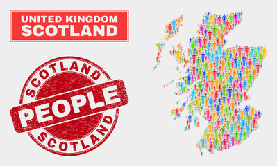 Demographic Scotland map abstraction. People color mosaic Scotland map of humans, and red rounded grunge stamp seal. Vector collage for national public report.