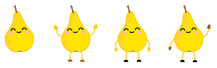 Cute kawaii style Pear fruit icon, eyes closed, smiling. Version with hands raised, down and waving.