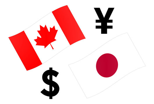 CADJPY forex currency pair vector illustration. Canadian and Japanese flag, with Dollar and Yen symbol.