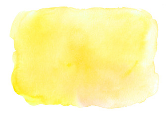 Abstract yellow watercolor blot on a white background. Hand drawn. Color illustration with space for text and image. Use for card, text, logo, tag