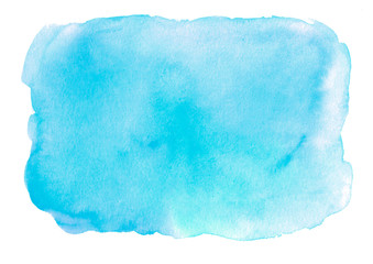 Abstract blue watercolor blot on a white background. Hand drawn. Color illustration with space for text and image. Use for card, text, logo, tag