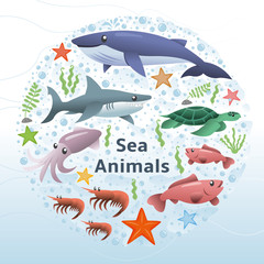 Sea animals vector set. Vector illustration with coral reef, Underwater marine life. Panoramic underwater seascape. Collection of cute animals in cartoon style