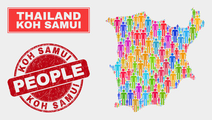 Demographic Koh Samui map illustration. People colorful mosaic Koh Samui map of humans, and red round dirty seal. Vector collage for national community report.