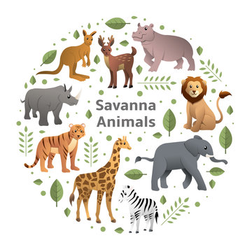 Savanna animals vector set. Wild animals cartoon collection, Jungle and African beast images. Vector illustration of African animals, Elephant, Giraffe, Zebra, Lion, isolated on transparent background