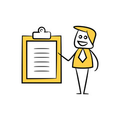businessman showing clipboard for business plan concept yellow doodle theme