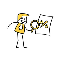 doodle stick figure businessman use magnifier search percentage