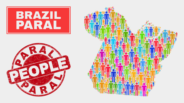 Demographic Paral State map illustration. People bright mosaic Paral State map of persons, and red round textured stamp seal. Vector collage for population group presentation.