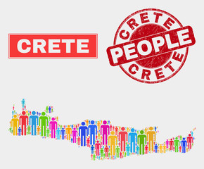 Demographic Crete map abstraction. People bright mosaic Crete map of men, and red round textured stamp seal. Vector composition for population public presentation.