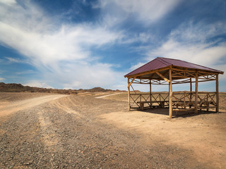 Wooden bower in the Kazakhstan desert, Charyn canyon