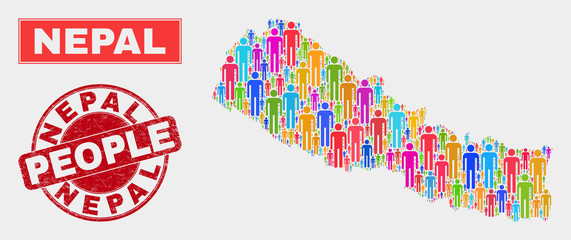 Demographic Nepal map abstraction. People color mosaic Nepal map of humans, and red round corroded watermark. Vector combination for nation audience representation.