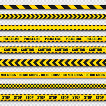 Yellow And Black Barricade Construction Tape On Transparent Background. Police Warning Line. Brightly Colored Danger or Hazard Stripe. Vector illustration.