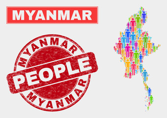 Demographic Myanmar map abstraction. People color mosaic Myanmar map of humans, and red round dirty stamp. Vector composition for population mass plan.