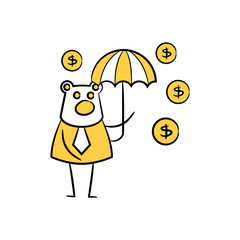 business bear holding umbrella and money falling yellow doodle theme