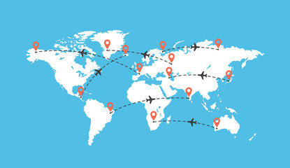 World travel map with airplanes illustration. Earth map with aircraft trace. Airplane flight paths.