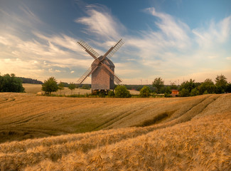 Naklejka na ściany i meble wooden windmill on a summer field during sunset