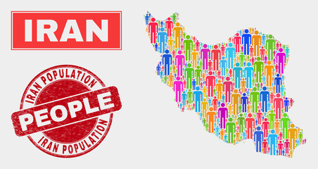 Demographic Iran map abstraction. People bright mosaic Iran map of persons, and red rounded unclean watermark. Vector combination for nation public plan.