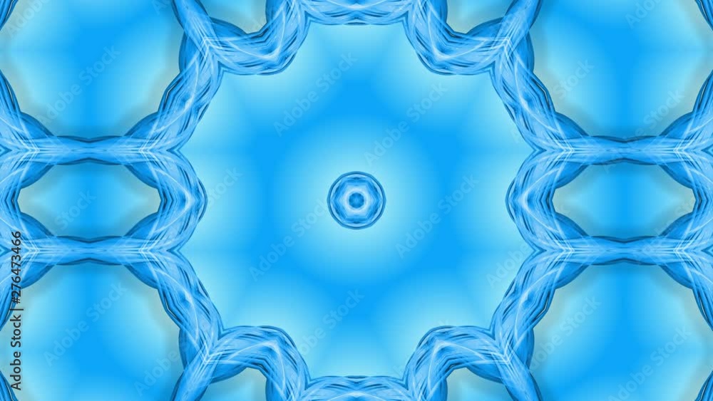 Poster abstract snowflake in motion of the blue lines of ribbons on a blue background. kaleidoscopic effect
