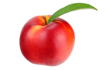 nectarine with green leaf isolated on a white background.
