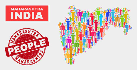 Demographic Maharashtra State map illustration. People color mosaic Maharashtra State map of humans, and red round textured stamp. Vector combination for population public report.